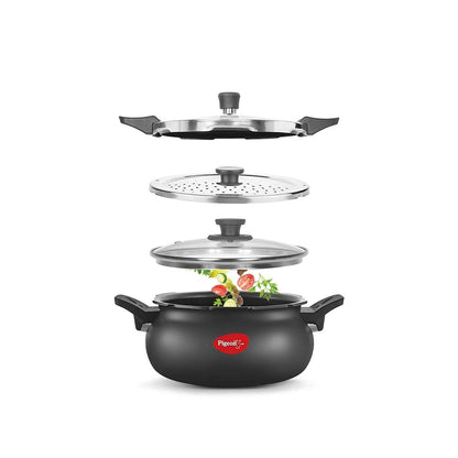 Pigeon 5.3 Quart All-In-One Super Cooker - Steamer, Cooking Pot, Pressure Cooker, Dutch Oven - For All Cooktops - Quick Cooking of Meat, Soup, Rice, Beans, Idli & more, Hard Anodized, (5 Liters)