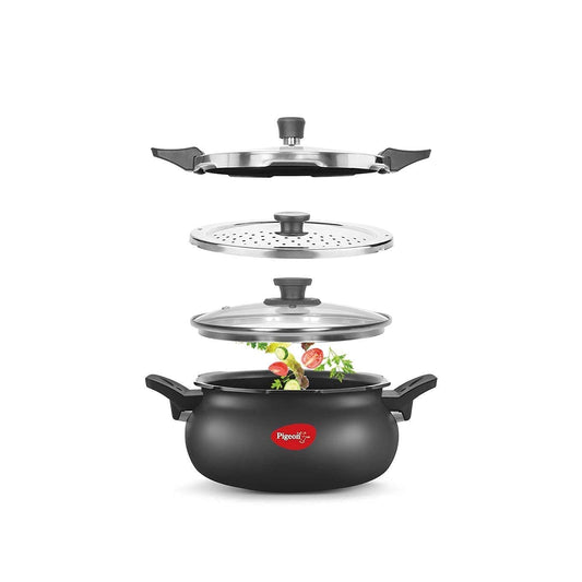 Pigeon 5.3 Quart All-In-One Super Cooker - Steamer, Cooking Pot, Pressure Cooker, Dutch Oven - For All Cooktops - Quick Cooking of Meat, Soup, Rice, Beans, Idli & more, Hard Anodized, (5 Liters)