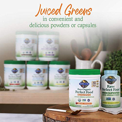 Garden of Life Raw Organic Perfect Food Energizer Juiced Green Superfood Powder - Yerba Mate Pomegranate, 30 Servings, Green Superfood Powder & Probiotics, Gluten Free Whole Food Greens Supplements
