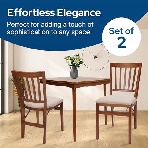 MECO Stakmore School House Wooden Folding Chairs with Padded Seats, Set of 2 - No Assembly Foldable Dining Chairs, Steel Folding Mechanism, Upholstered Cushion, Space-Saving, Fruitwood Frame