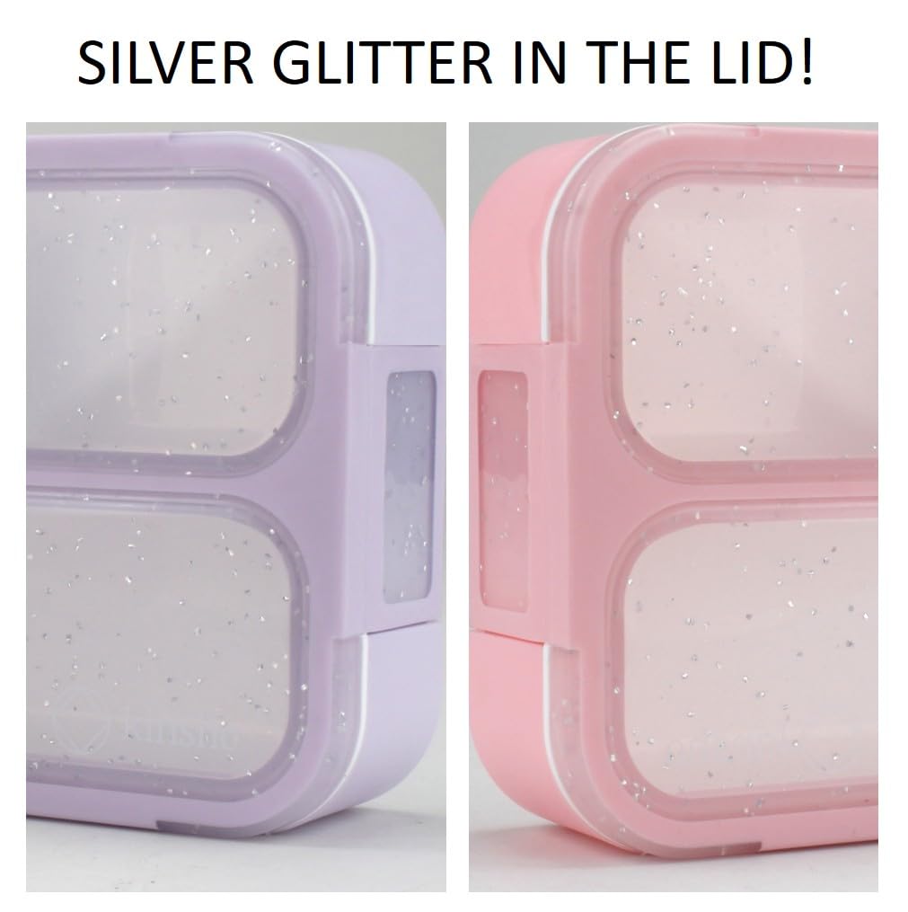 Kids Glitter Snack Container - Mini Bento Lunch-Box, Small Leakproof Container Boxes for Toddlers Girls Snacks Lunches, 3 Compartment - School Daycare Portion Containers, Pink Purple Sparkle Set of 2