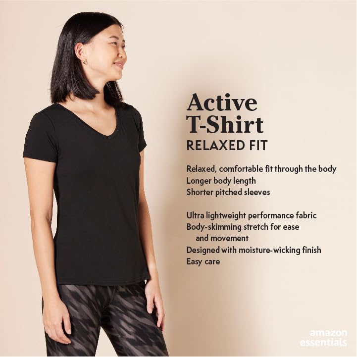 Amazon Essentials Women's Active Quick Dry Tech Stretch Short-Sleeve V-Neck T-Shirt (Available in Plus Size), Pack of 2, Black Heather/Navy Heather, Large