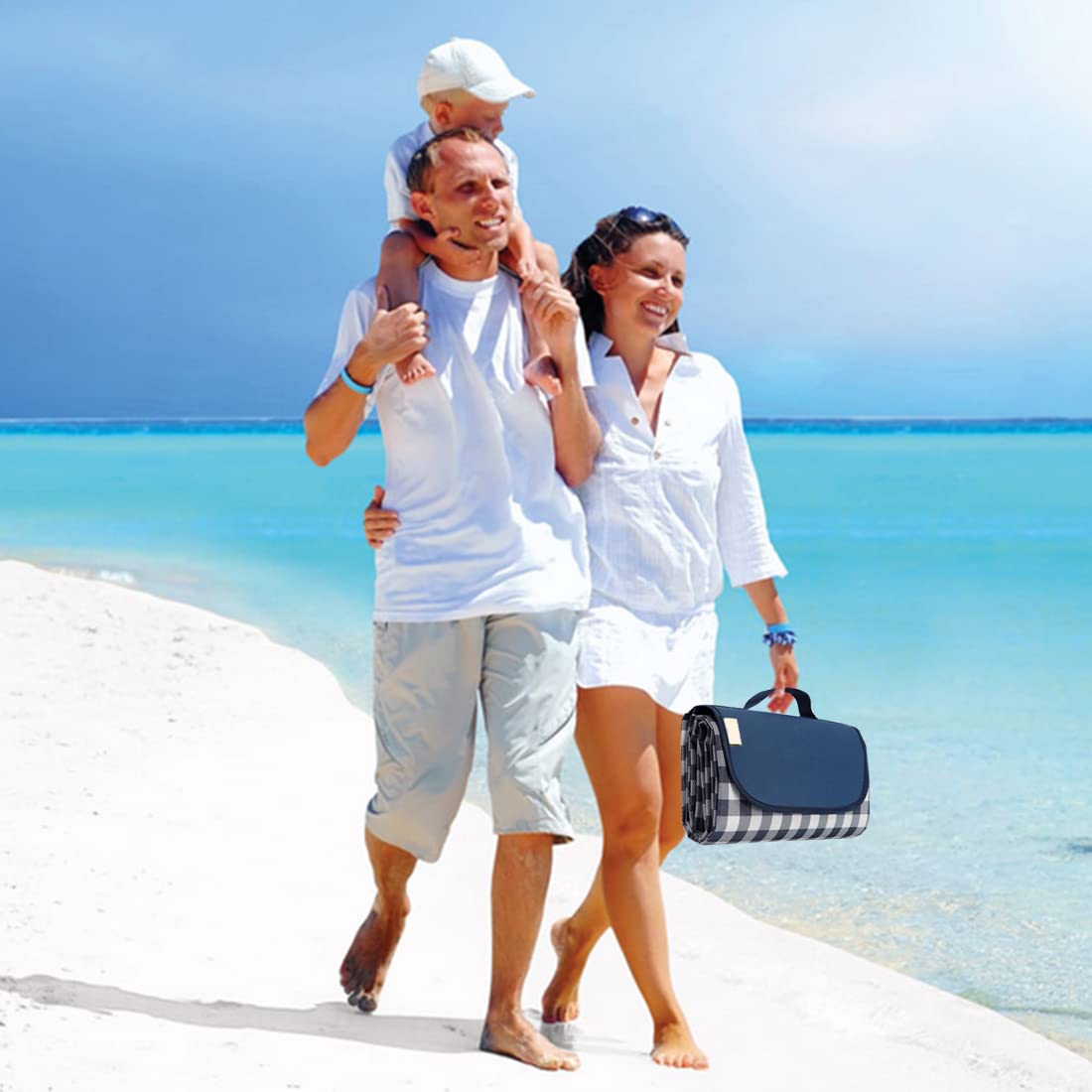 PUPOPIK Outdoor Picnic Blanket, XL Foldable Waterproof Sand Beach Mat, Extra Large 80x80in for Beach Camping Hiking Travel Family Concerts Portable Beach Blankets（Darke Blue）