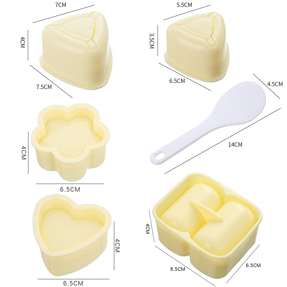 5 Pack Onigiri Sushi Making Mold, Triangle Sushi Press (Large & Small), Heart and Plum Blossom Shaped Sushi Rice Mold, Double Cylindrical Connectors Sushi Maker with 2 Small Rice Paddle