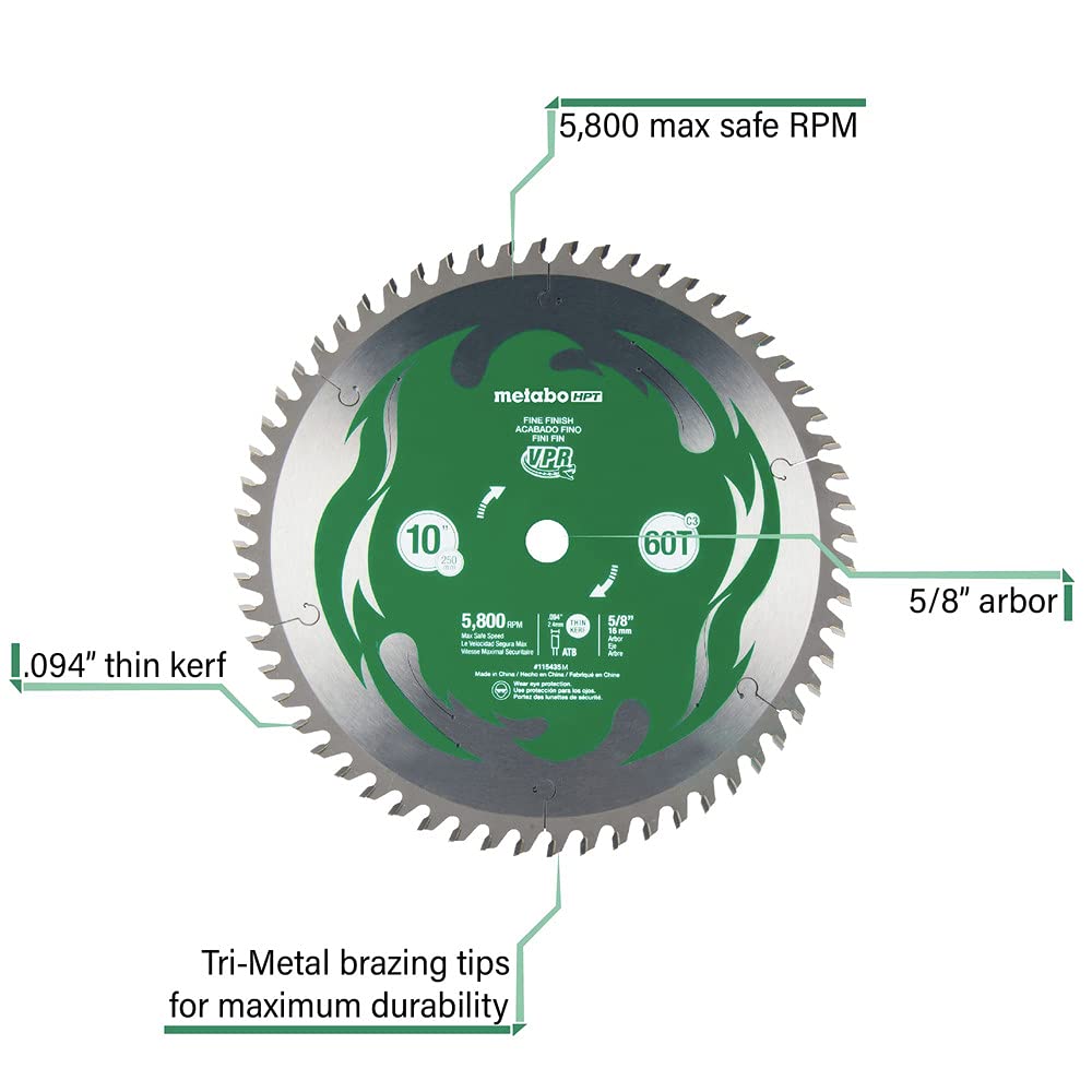 Metabo HPT 10-Inch Miter Saw/Table Saw Blade, 60T, Fine Finish, 5/8" Arbor, Large Micrograin Carbide Teeth, 5800 Max RPM, 115435M