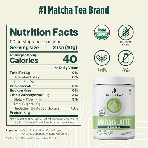 Jade Leaf Matcha Organic Cafe Style Sweetened Matcha Latte Green Tea Powder, Premium Barista Crafted Mix - Authentically Japanese, 50 Servings (1.1 Pound Tub)