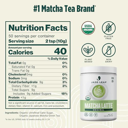Jade Leaf Matcha Organic Cafe Style Sweetened Matcha Latte Green Tea Powder, Premium Barista Crafted Mix - Authentically Japanese, 50 Servings (1.1 Pound Tub)