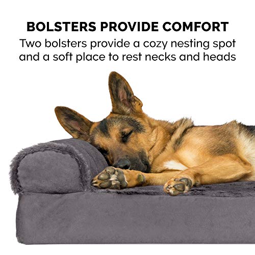 Furhaven Orthopedic Dog Bed for Large Dogs w/ Removable Bolsters & Washable Cover, For Dogs Up to 95 lbs - Plush & Velvet L Shaped Chaise - Platinum Gray, Jumbo/XL