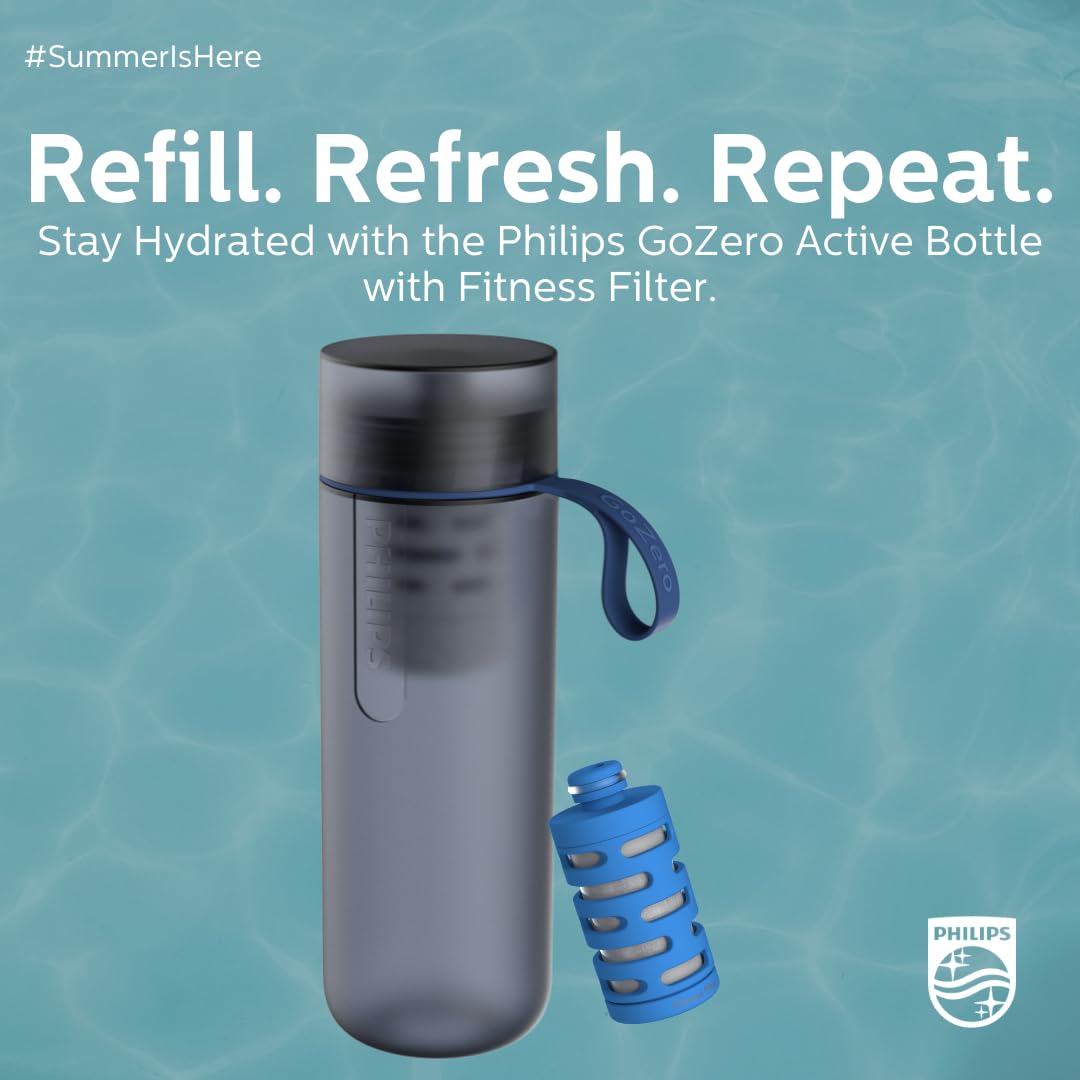 PHILIPS Water GoZero Active BPA-Free Water Bottle with Fitness Tap Water Filter, Sport Squeeze Water Bottle, Lightweight, 32 oz with Fitness Filter, Blue