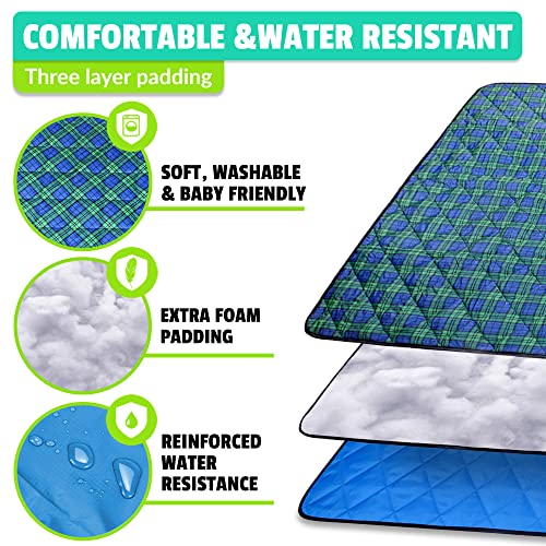 Roebury Beach Blanket Sand Proof & Outdoor Picnic Blanket - Water Resistant, Large Mat for Camping or Travel. Washable, Foldable, Easy Carry Compact Tote Bag (Green/Blue Plaid)