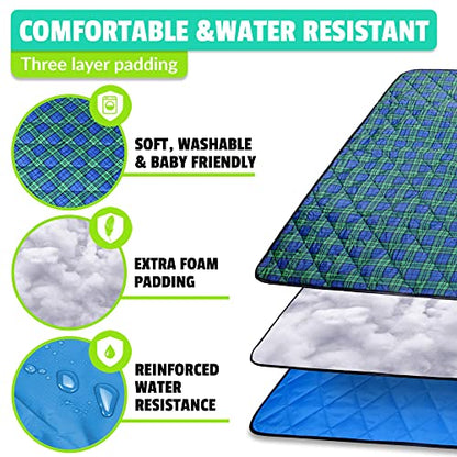 Roebury Beach Blanket Sand Proof & Outdoor Picnic Blanket - Water Resistant, Large Mat for Camping or Travel. Washable, Foldable, Easy Carry Compact Tote Bag (Green/Blue Plaid)