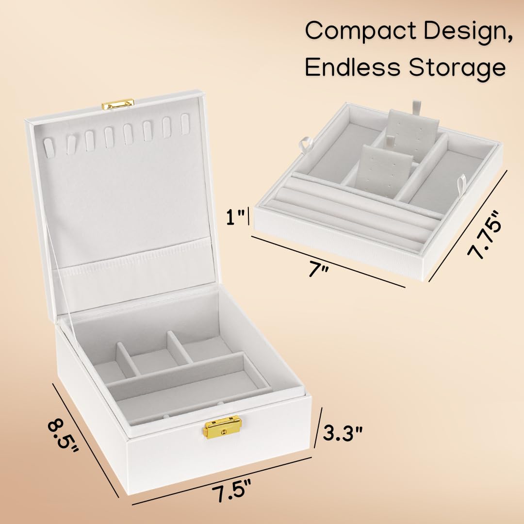 Prestige & Fancy 2 Layer Woman Jewelry Box, Jewelry Organizer For Woman, Men & Girls Large Case 8.5x7.5x3.3in | PU Leather Black Jewelry Gift Storage Boxes For Ring, Necklace & Bracelet With Lock