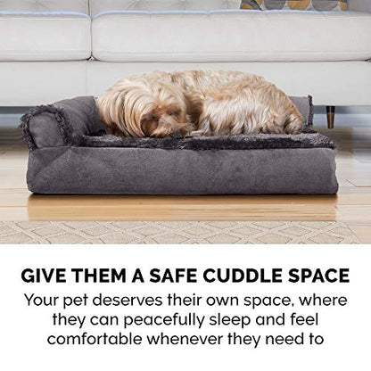 Furhaven Orthopedic Dog Bed for Large Dogs w/ Removable Bolsters & Washable Cover, For Dogs Up to 95 lbs - Plush & Velvet L Shaped Chaise - Platinum Gray, Jumbo/XL