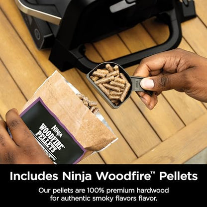 Ninja | Woodfire Series | 7-in-1 (Grill, BBQ, Roast, Air Fry, Dehydrate, Broil, Smoke) | Portable & Weather Resistant | Cook Up To 6 Steaks & 30 Hot Dogs | Woodfire Pellets included | OG701