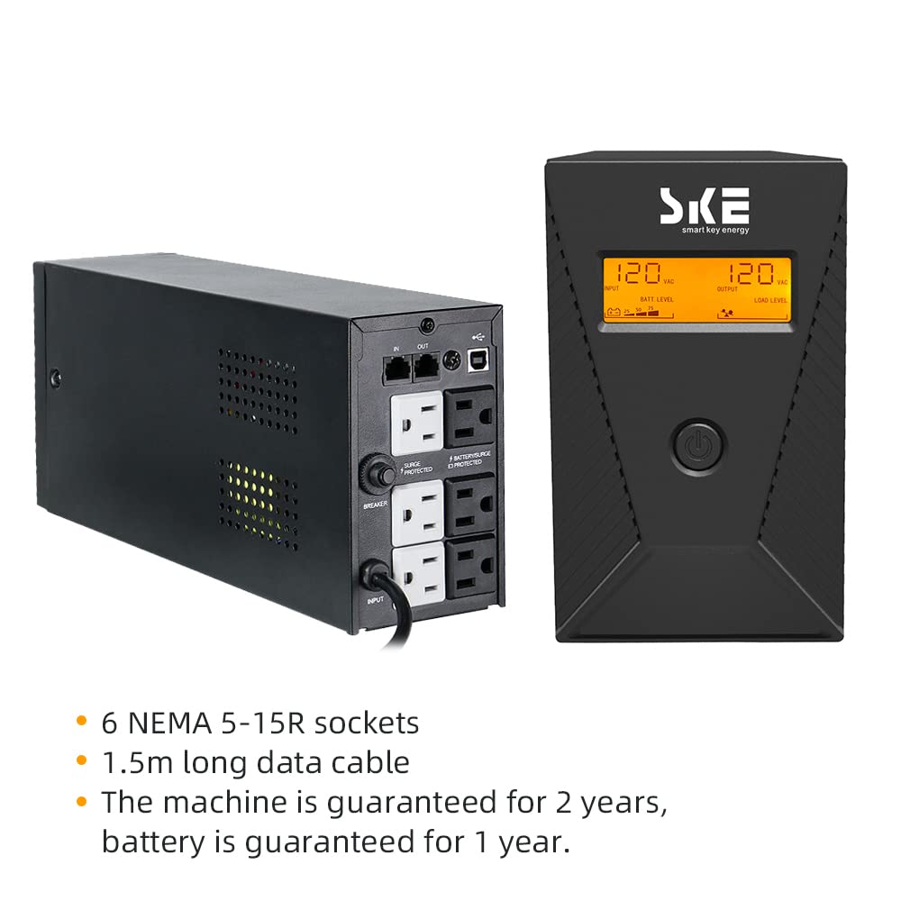 600VA/360W Ups Battery Backup and Surge Protector,Computer Uninterruptible Power Supply Units,SKE Ups Power Supply