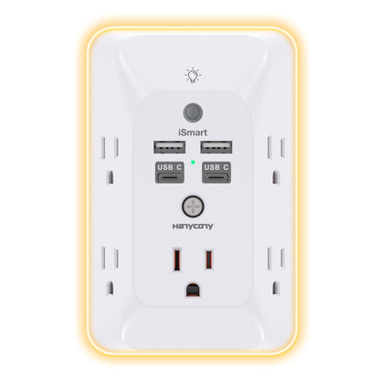 Multi Plug Outlet, HANYCONY Outlet Extender with 4 USB Ports (2 USB C) and Night Light, 1050J Surge Protector, Wall Mount, Outlet Splitter for Bathroom Kicthen Camper Dorm Room Essentials
