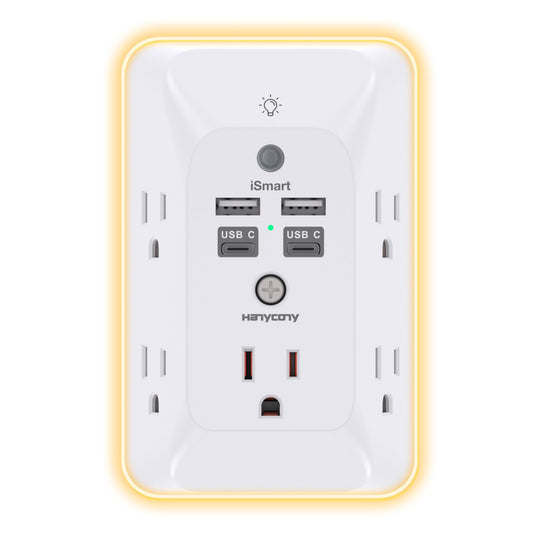 Multi Plug Outlet, HANYCONY Outlet Extender with 4 USB Ports (2 USB C) and Night Light, 1050J Surge Protector, Wall Mount, Outlet Splitter for Bathroom Kicthen Camper Dorm Room Essentials