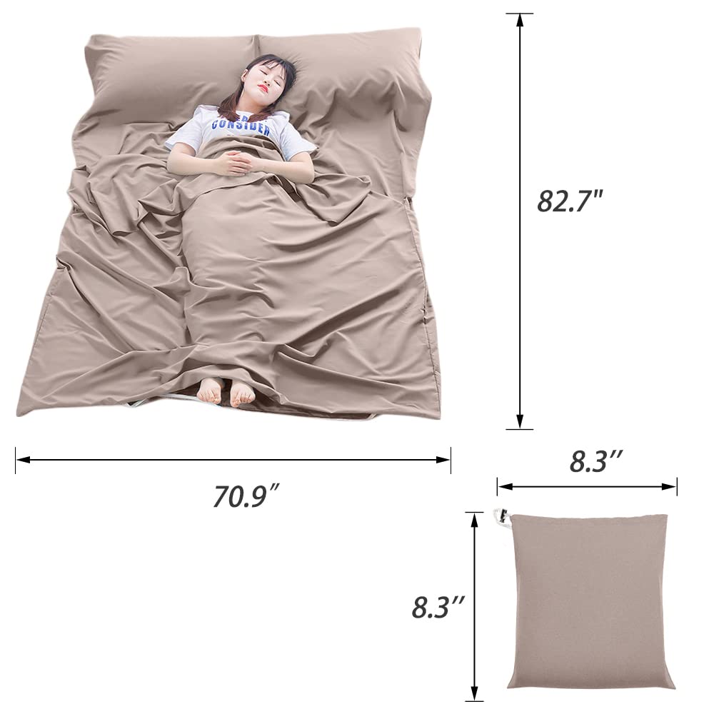 MongByYa Sleeping Bag Liner Lightweight Compact Sleeping Bag Sack Portable Clean Travel Sheet Camping Sleep Sheet for Backpacking Hotel Hiking (Light Khaki, 82.7” X 70.9”)