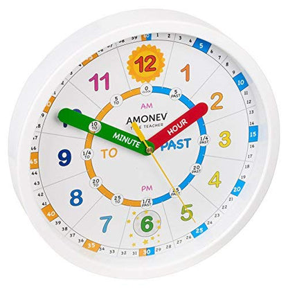 Amonev Time Teacher Scope Wall Clock for Children, Easy to Read Dial with Silent Ticking. Teach Children How to Read and Tell The Time with This Analogue Clock.