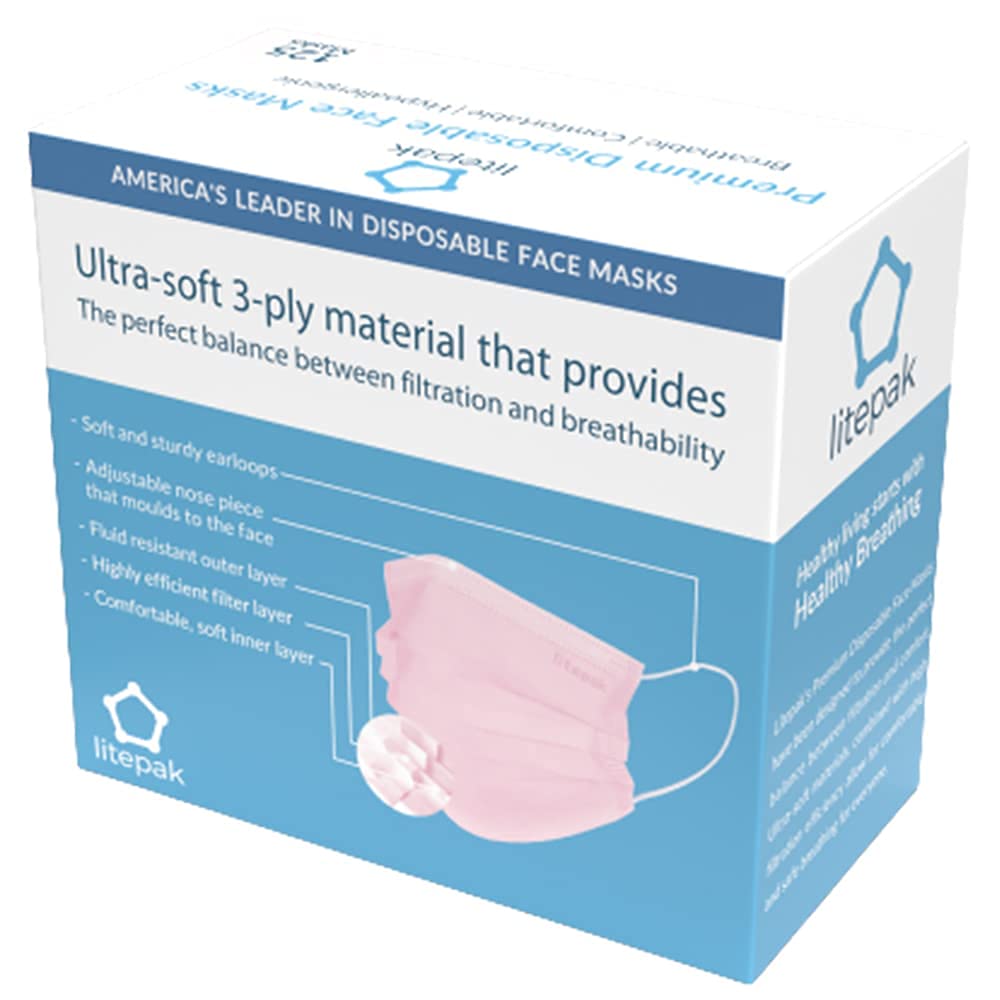 Litepak 125-Pack Disposable Face Mask Premium Comfort Earloops with Dispenser Box (Pink)