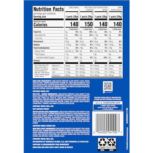 Nabisco Classic Mix Variety Pack, OREO Mini, CHIPS AHOY! Mini, Nutter Butter Bites, RITZ Bits Cheese, School Snacks, 20 - 1 oz Snack Packs