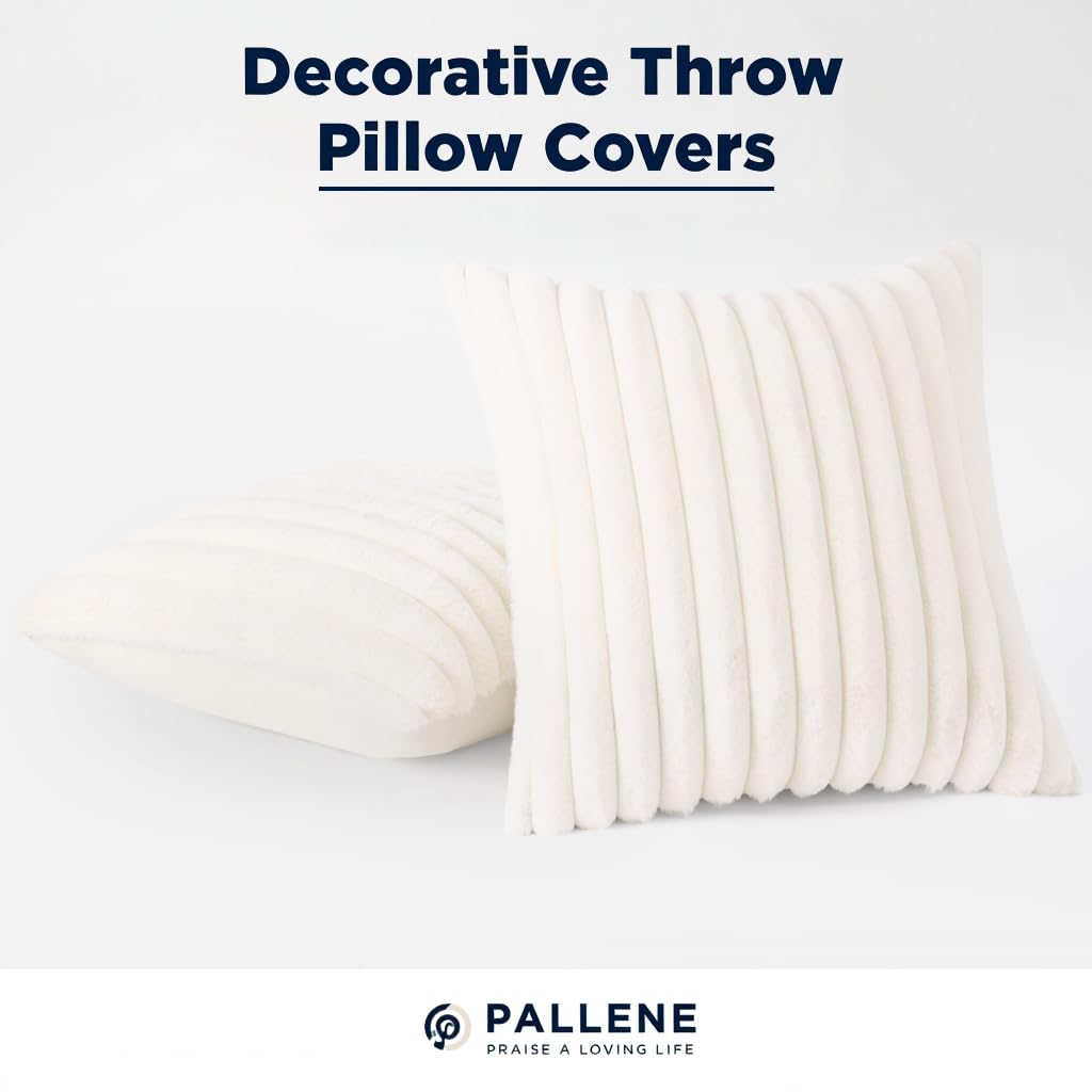 Pallene Faux Fur Plush Fall Throw Pillow Covers 18x18 Set of 2, Luxury Soft Fluffy Striped Decorative Pillow Covers for Sofa, Couch, Living Room, Cream White