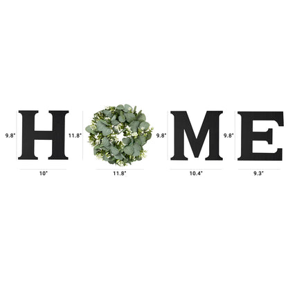 Mkono Farmhouse Wall Home Sign with Artificial Eucalyptus for O Rustic Wooden Hanging Letters Decorative Wall Art Decor for Living Room Kitchen Entryway Housewarming Gift, Black