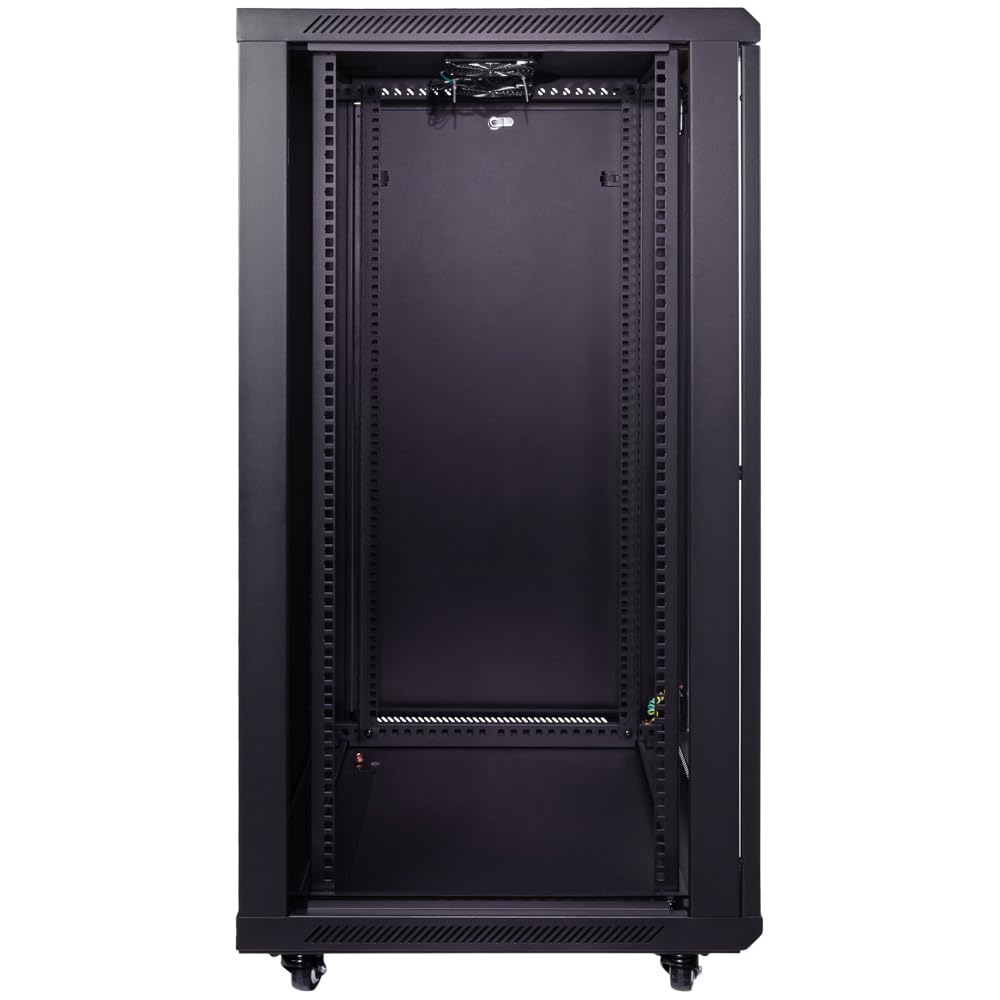 NavePoint 22U Server Cabinet Wall Mount Rack Enclosure with Caster Wheels, 2 Fans, Locking Glass Door, Removable Side Panels – 22U Network Cabinet 23.6” Deep, 19” Server Rack for A/V Equipment