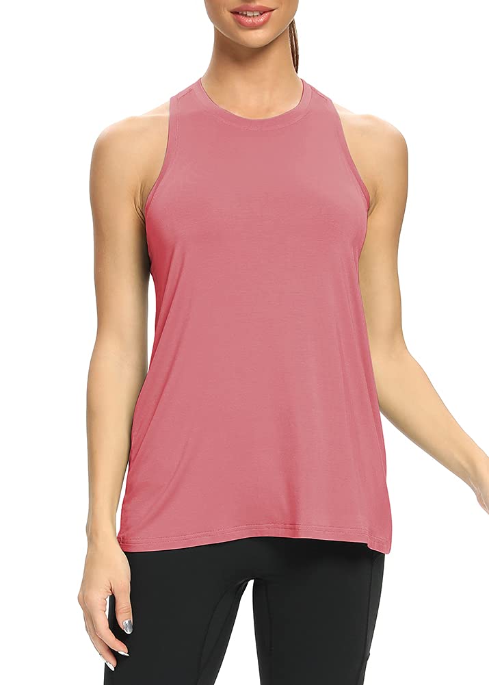 Mippo Workout Shirts for Women Loose Fit Long Tank Tops Yoga Gym Shirts Athletic Wear Workout Top Tennis Active Tops Rose L