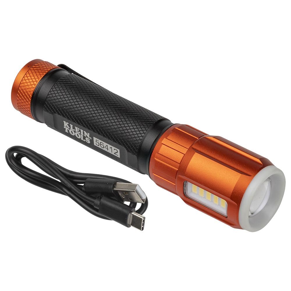 Klein Tools 56412 Rechargeable LED Flashlight with Flood Light, 500 lumens, USB-C Rechargeable, Pocket Clip, Magnet, for Professional Work