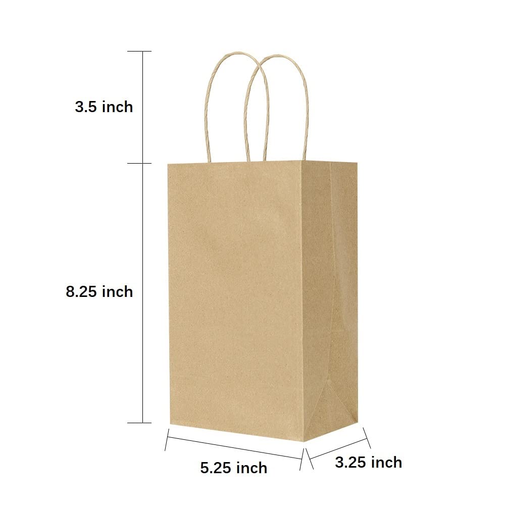 Oikss 100 Pack 5.25x3.25x8.25 Inch Small Plain Natural Kraft Paper Gift Bags with Handles Bulk for Birthday Party Favors Grocery Retail Shopping Business Goody Craft Bags Cub Sacks (Brown 100 Count)