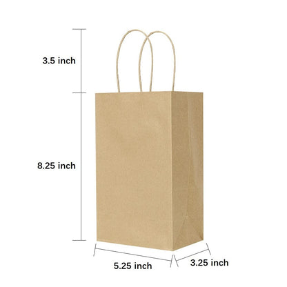 Oikss 100 Pack 5.25x3.25x8.25 Inch Small Plain Natural Kraft Paper Gift Bags with Handles Bulk for Birthday Party Favors Grocery Retail Shopping Business Goody Craft Bags Cub Sacks (Brown 100 Count)
