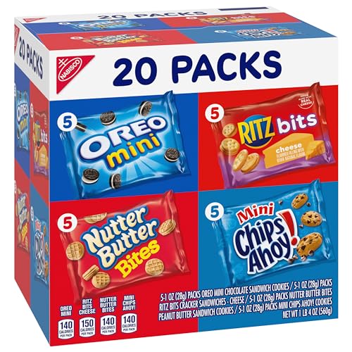Nabisco Classic Mix Variety Pack, OREO Mini, CHIPS AHOY! Mini, Nutter Butter Bites, RITZ Bits Cheese, School Snacks, 20 - 1 oz Snack Packs