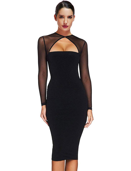 Maketina Women Midi Length Cut Out Keyhole Party Bodycon Bandage Dress with Transparent Long Sleeves Black S