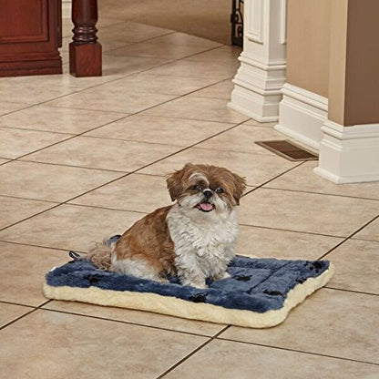 MidWest Homes for Pets XXS QuietTime Reversible Paw Print Pet Bed, Soft Faux Fur & Fleece 18-Inch Crate Mat for Small Dogs & Cats, Machine Washable, Blue and Cream