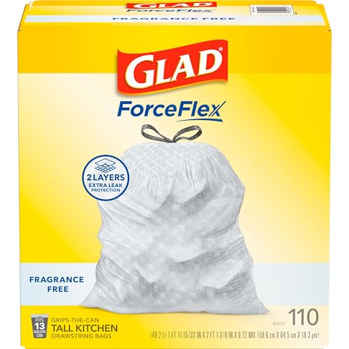 Glad ForceFlex Tall Kitchen Drawstring Trash Bags, 13 Gal, Fragrance Free, 110 Ct (Package May Vary)