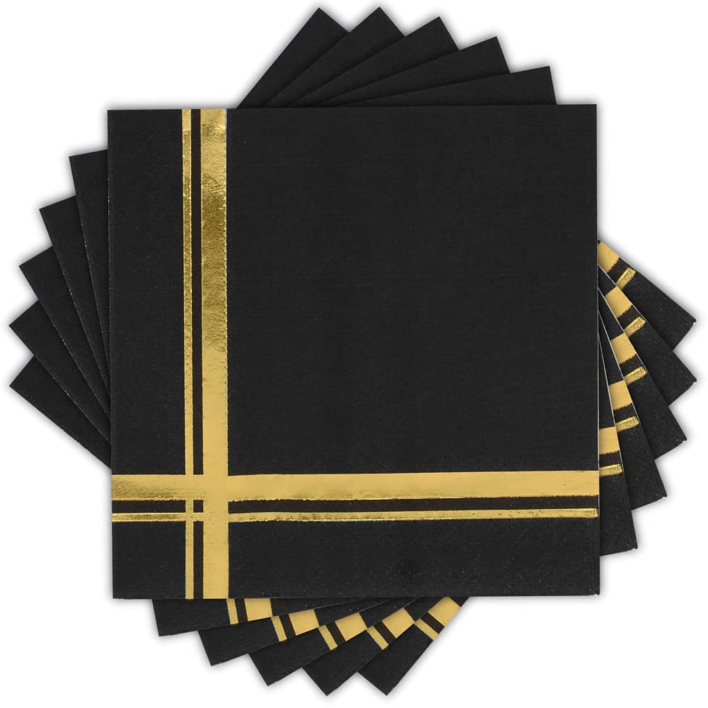 Fanxyware Gold on Black Cocktail Napkins - 100 Pack, 5" x 5", 3-Ply Paper - Style Name: Blissful Crossing