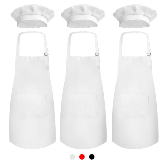Novelty Place Kid's Apron with Chef Hat Set (3 Set) - Skin-friendly Children’s Bib with Pocket - Cooking, Baking, Painting, Training Wear - Kid's Size (6-12 Year, White)
