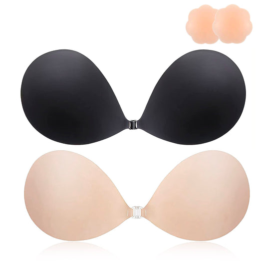 MINIYA 2025 Push Up Sticky Bra, 2 Pack Reusable Adhesive Invisible Backless Strapless Bra (US, Cup Band, A, Nude+Black)