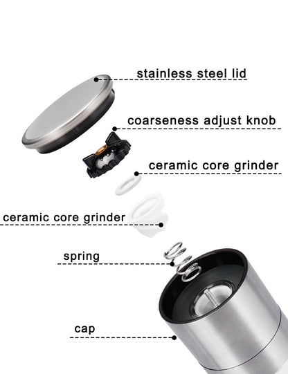 Gulex® Salt Grinder Pepper Mill, Refillable, Adjustable Coarseness Black Pepper Grinder, Stainless Steel Sea Salt Shaker with Ceramic Rotor(Seasoning not included)