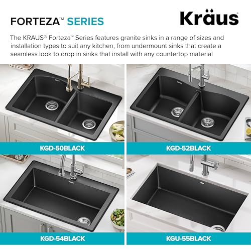 KRAUS Forteza 33-inch Drop In/Undermount Single Bowl Granite Kitchen Sink in Black, KGD-54BLACK