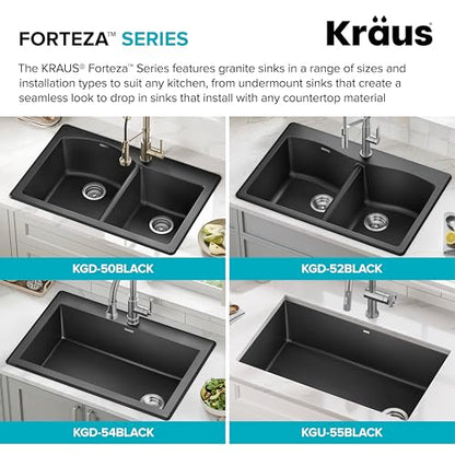 KRAUS Forteza 33-inch Drop In/Undermount Single Bowl Granite Kitchen Sink in Black, KGD-54BLACK