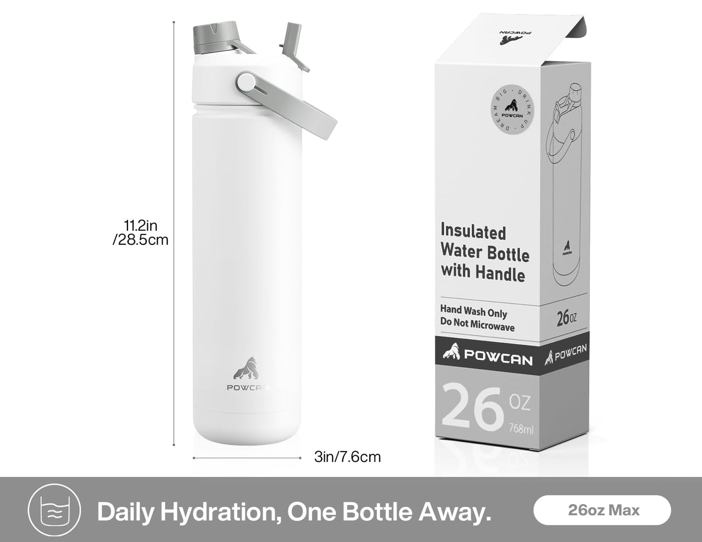 POWCAN 26 oz Insulated Water Bottle with 2-in-1 Straw and Spout Lid, Keep Cold 24H, Leak-Proof, Fits in Car Cup Holder, Stainless Steel Water Bottle for Sports, Travel, Gym, and School (Swamp Doodle)