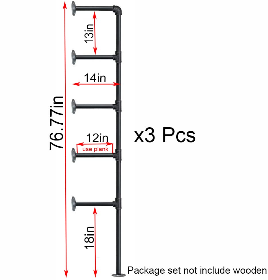 (77"Tall,14"Deep,3pcs) Industrial Retro Wall Mount Iron Pipe Shelf,DIY Open Bookshelf,Hung Bracket,Home Improvement Kitchen Shelves,Tool Utility Shelves, Office Shelves, pipe shelving