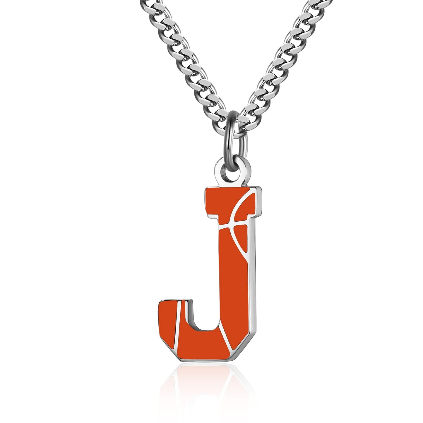 AIAINAGI Basketball Initial A-Z Letter Necklace for Men Basketball Charm Pendant Stainless Steel Silver Chain 22 inch Personalized Basketball Gift for Men(J)