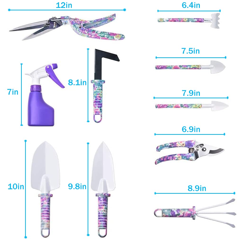 Gardening Tools, LEKEONE 10 Pieces Garden Tools with Floral Print, Ergonomic Handle Trowel Rake Weeder Pruner Shears Sprayer,Gardening Supplies with Carrying Case Gifts for Women