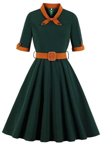 Nihsatin Women's Vintage-Inspired Green A-Line Dress with Orange Collar and Belt