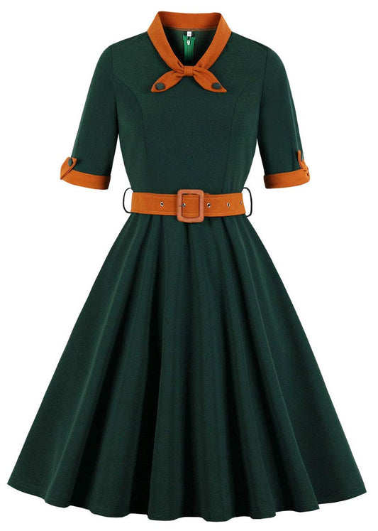 Nihsatin Women's Vintage-Inspired Green A-Line Dress with Orange Collar and Belt
