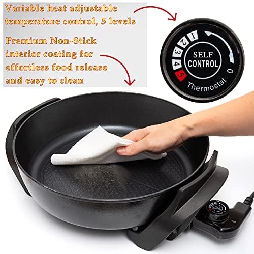 Moss & Stone Round Nonstick Electric Skillet With Lid, Aluminum 12x12 Inch Electric Frying Pan 5Qt, Nonstick Cooking Surface, Adjustable Temperature Control, Vented Glass Lid, Heat-Resistant Handle