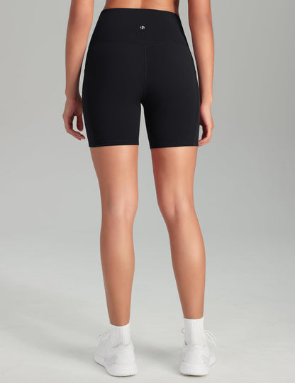 HeyNuts Workout Pro Women's Biker Shorts with Pockets, High Waisted Tummy Control Workout Buttery Soft Yoga Shorts 6'' Black M(8/10)